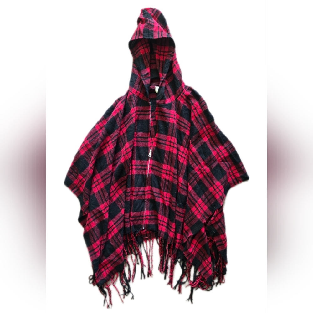 Quagga Green Label Poncho‎ Shawl Womens One Size Recycled Red Plaid